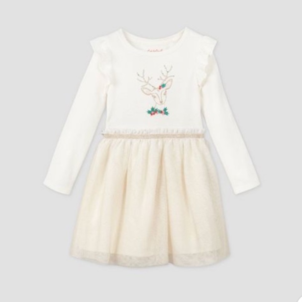 NWT Cat & Jack Floral Deer Tulle Long Sleeve Dress